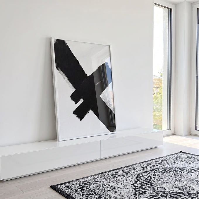Quadro Decorativo Pincelada em Preto e Branco em ambiente decorado - quadros decorativos para sala