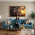 Quadro Decorativo Leão de Judá e Cristo ao Pôr do Sol em sala de estar moderna - quadros decorativos para sala