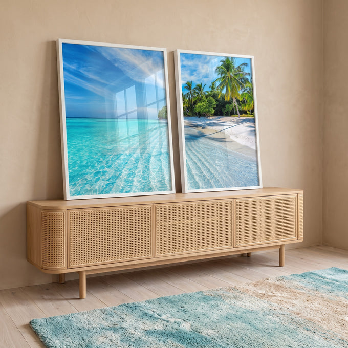 Quadro Decorativo: Refúgio Tropical Sereno e Vibrante em ambiente decorado - quadros decorativos para sala