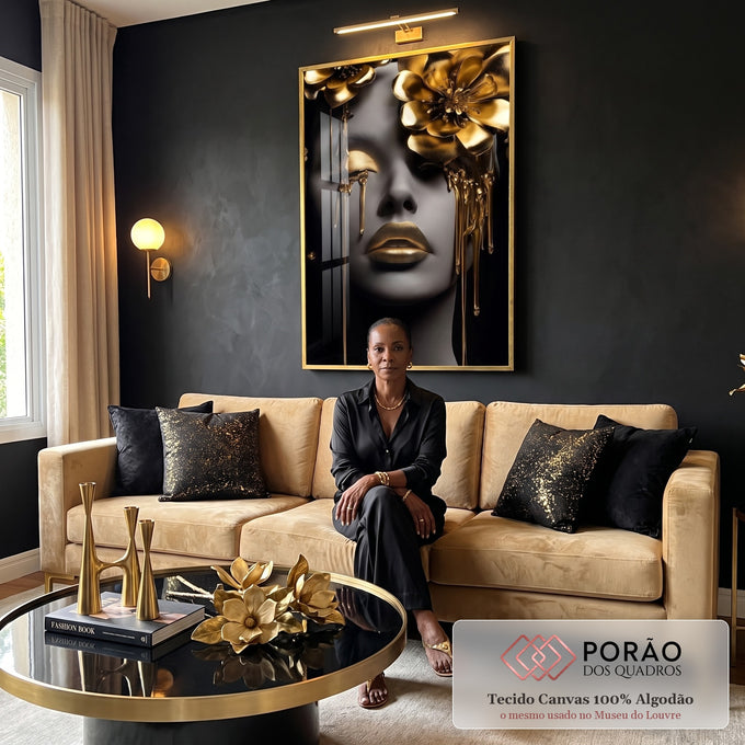 Quadro Decorativo Elegância Dourada em sala de estar moderna - quadros decorativos para sala