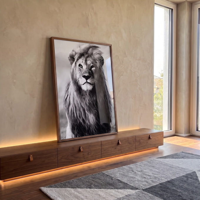 Quadro Decorativo: Rei da Selva em Preto e Branco em ambiente decorado - quadros decorativos para sala