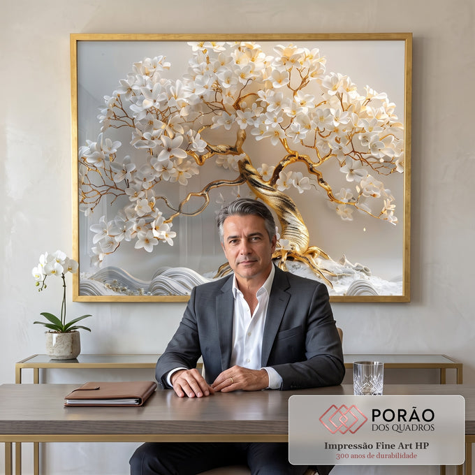 Quadro Decorativo Arvore da Vida em Dourado - Arte que Inspira em escritorio moderno - quadros decorativos para sala