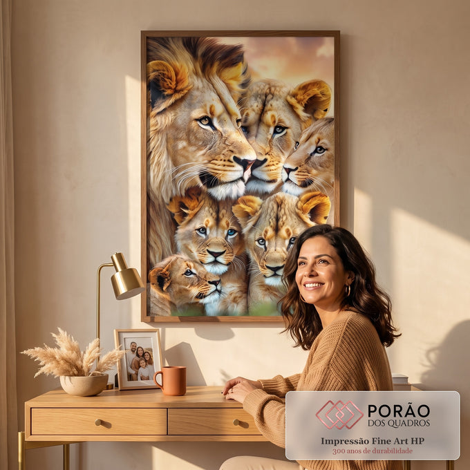 Quadro Decorativo Elegante com Família de Leão - 4 Filhotes em Canvas Premium em escritorio moderno - quadros decorativos para sala