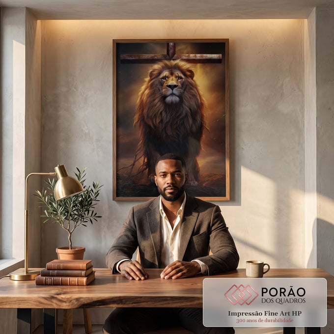 Quadro Decorativo Leão e Cruz - Arte Elegante para Transformar seu Espaço em escritorio moderno - quadros decorativos para sala