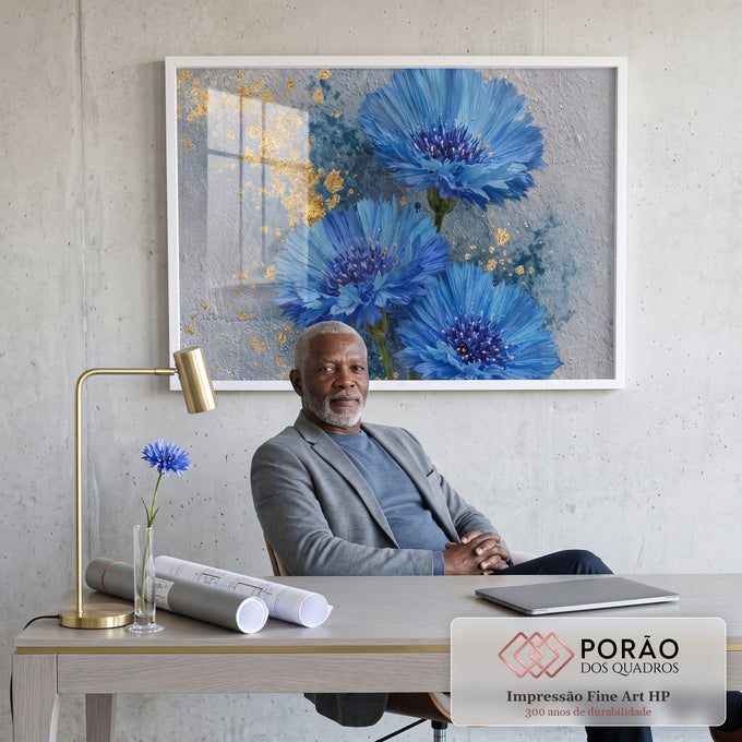 Quadro Decorativo Flores Azuis Elegantes em escritorio moderno - quadros decorativos para sala