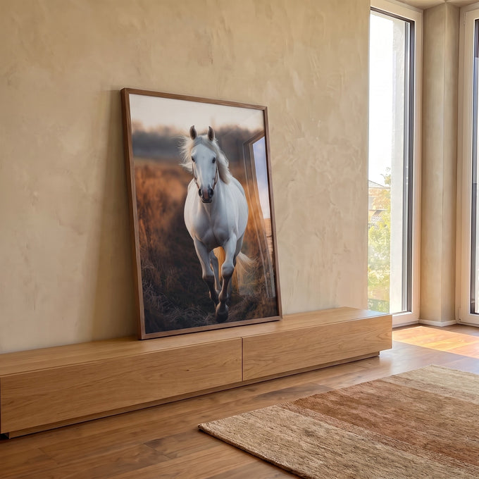 Quadro Decorativo Liberdade do Cavalo Branco em ambiente decorado - quadros decorativos para sala
