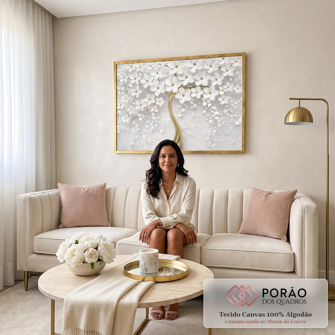 Quadro Decorativo: Árvore Branca & Dourada - Exclusividade em sala de estar moderna - quadros decorativos para sala