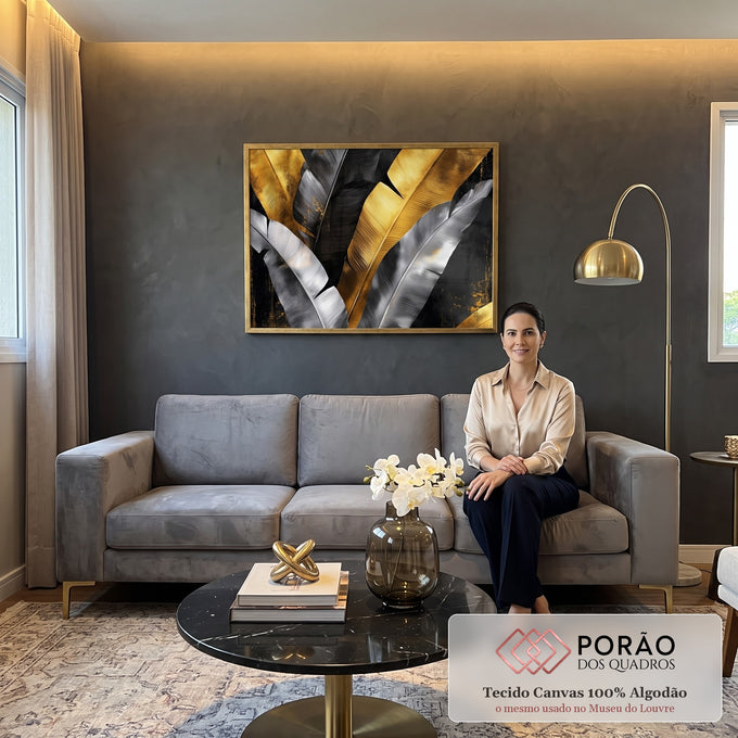 Quadro Decorativo Elegância em Folhas Douradas em sala de estar moderna - quadros decorativos para sala