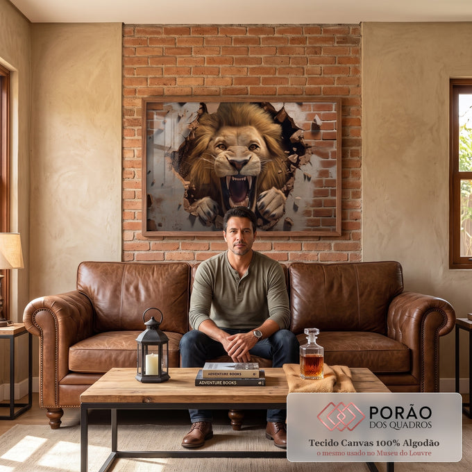 Quadro Decorativo Leão Quebrando a Parede - Inspiração e Força em sala de estar moderna - quadros decorativos para sala