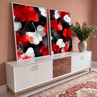 Quadro Decorativo Elegância Botânica em Vermelho e Branco em ambiente decorado - quadros decorativos para sala