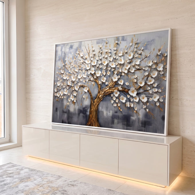 Quadro Decorativo Árvore da Vida Dourada: Luxo e Inspiração em ambiente decorado - quadros decorativos para sala