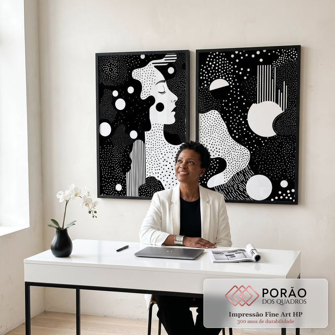 Quadro Decorativo Abstrato em Preto e Branco - Silhueta Feminina de Elegância em escritorio moderno - quadros decorativos para sala