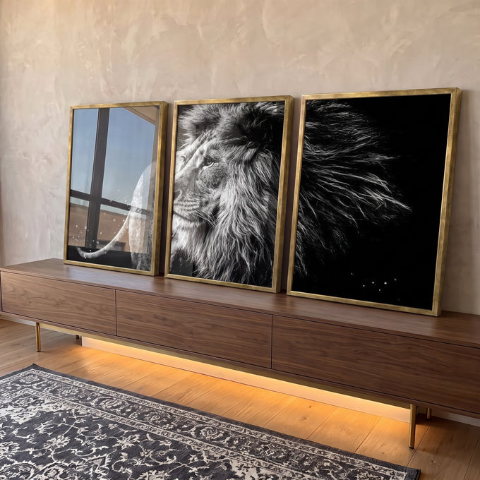Quadro Decorativo Majestic Pride - Leões em Preto e Branco em ambiente decorado - quadros decorativos para sala