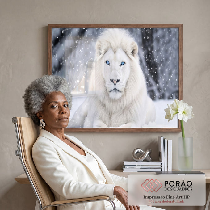 Quadro Decorativo Leão Branco Majestoso em escritorio moderno - quadros decorativos para sala