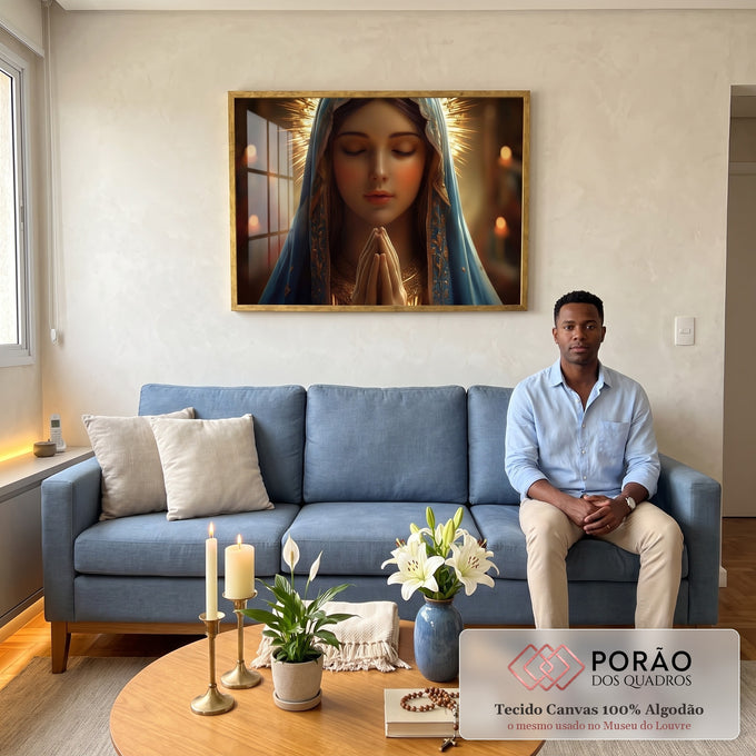 Quadro Decorativo Oração e Serenidade da Divina Virgem Maria em sala de estar moderna - quadros decorativos para sala