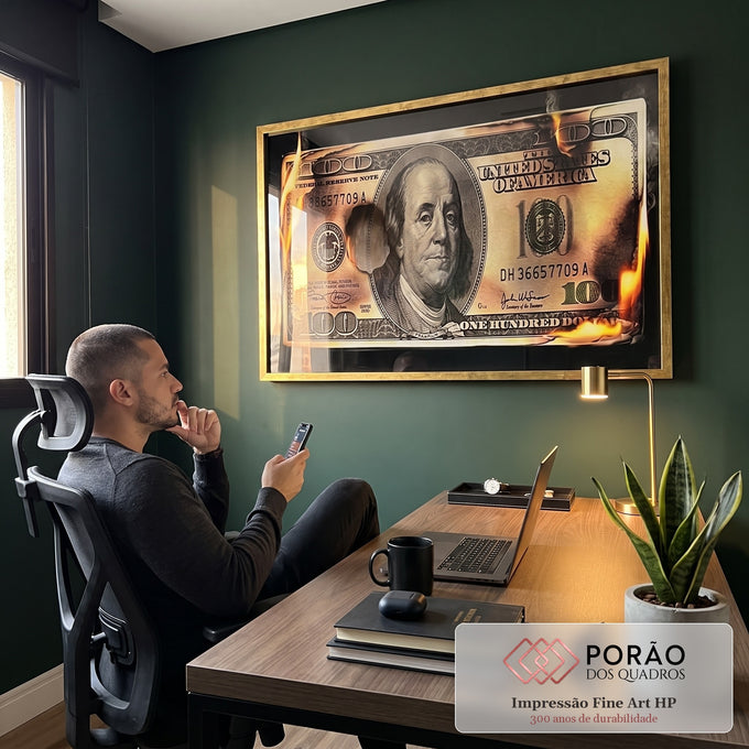 Quadro Decorativo Impactante: Dinheiro em Chamas em escritorio moderno - quadros decorativos para sala