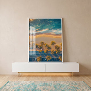 Quadro Decorativo Paisagem Costeira - Areia, Mar e Palmeiras em ambiente decorado - quadros decorativos para sala