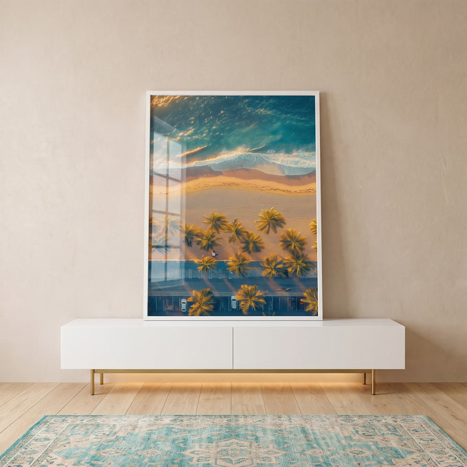 Quadro Decorativo Paisagem Costeira - Areia, Mar e Palmeiras em ambiente decorado - quadros decorativos para sala