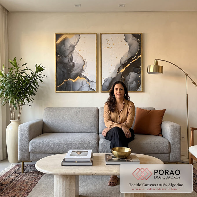Quadro Decorativo Abstração Orgânica em Preto, Branco e Dourado em sala de estar moderna - quadros decorativos para sala