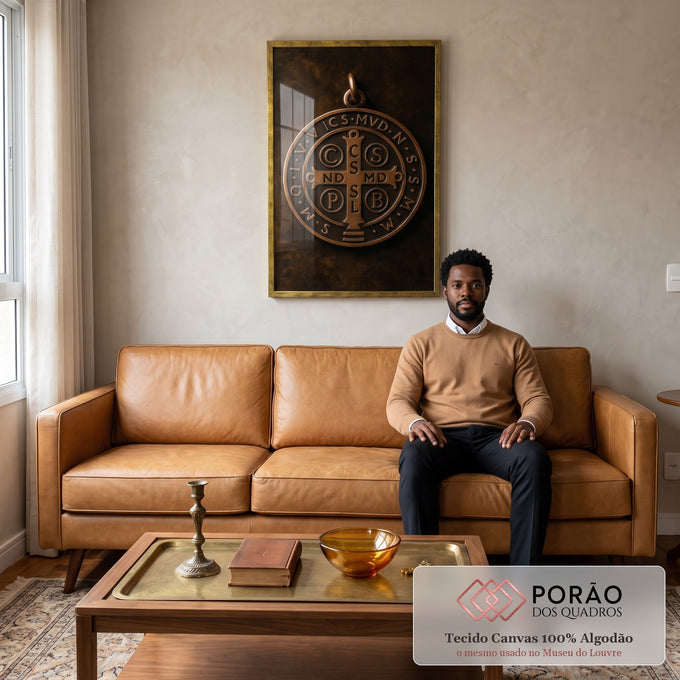 Quadro Decorativo Medalhão de São Bento em sala de estar moderna - quadros decorativos para sala