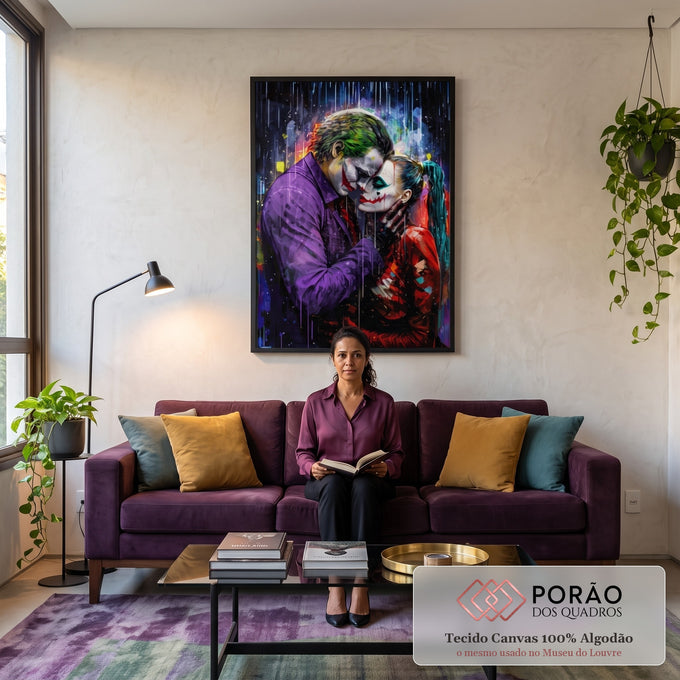 Quadro Decorativo Coringa e Alerquina na Chuva - Estilo e Cor para Sua Casa em sala de estar moderna - quadros decorativos para sala