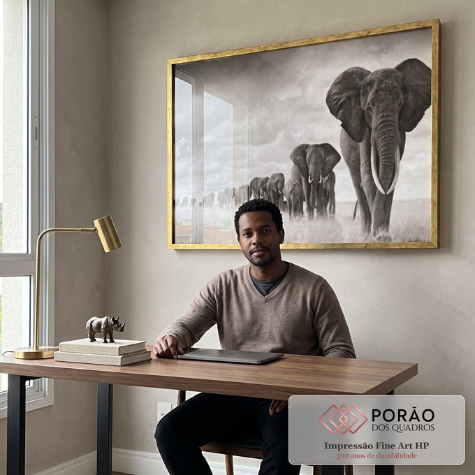 Quadro Decorativo Majestosos Elefantes em Marcha em escritorio moderno - quadros decorativos para sala
