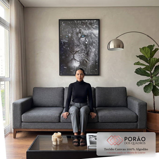 Quadro Decorativo Majestade Invernal - Leão na Neve em sala de estar moderna - quadros decorativos para sala
