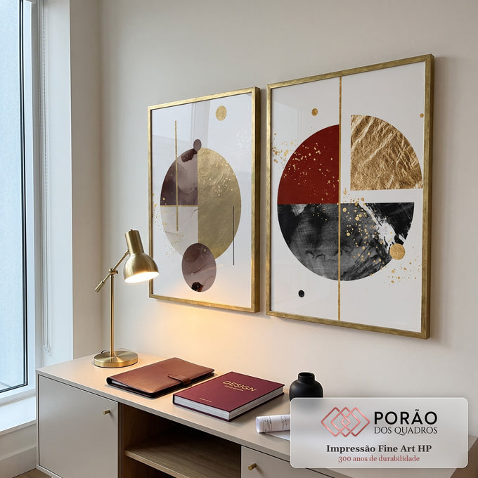 Quadro Decorativo Círculos Dourados: Uma Obra de Luxo em escritorio moderno - quadros decorativos para sala