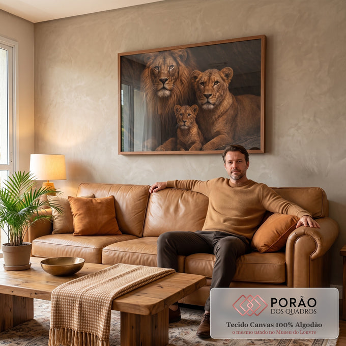 Majestade em Quadro Decorativo de Leões em sala de estar moderna - quadros decorativos para sala