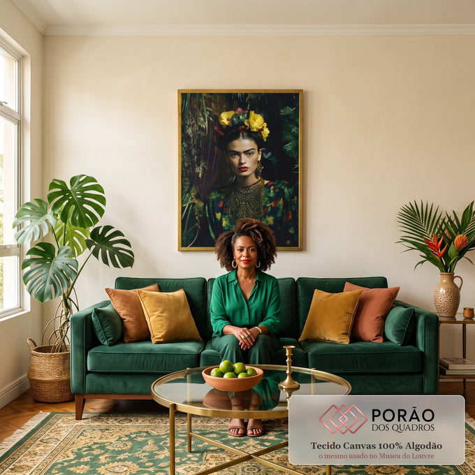 Quadro Decorativo Frida Encantadora com Folhagens em sala de estar moderna - quadros decorativos para sala