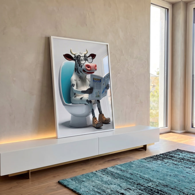 Quadro Decorativo Vibrante: Vaca Leitora em Momento Único em ambiente decorado - quadros decorativos para sala