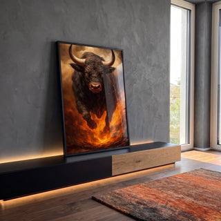 Quadro Decorativo Força do Touro Flamejante em ambiente decorado - quadros decorativos para sala