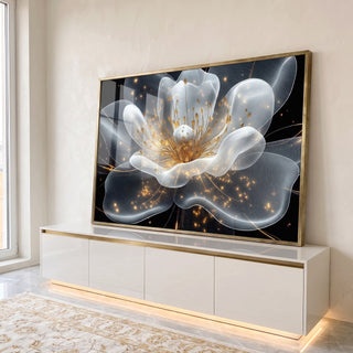 Quadro Decorativo Expendida Flor Branca com Dourado em ambiente decorado - quadros decorativos para sala
