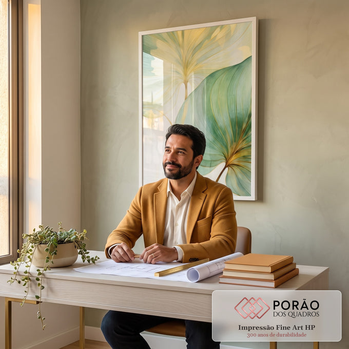 Quadro Decorativo Folhagem Dourada e Verde - Elegância Natural para Sua Decoração em escritorio moderno - quadros decorativos para sala
