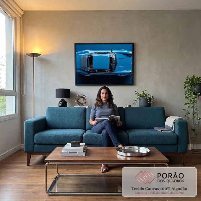 Quadro Decorativo Carro Esportivo em Azul Vibrante - Elegância e Velocidade em sala de estar moderna - quadros decorativos para sala