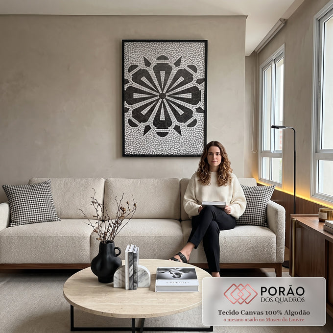 Quadro Decorativo Geométrico Preto e Branco em sala de estar moderna - quadros decorativos para sala