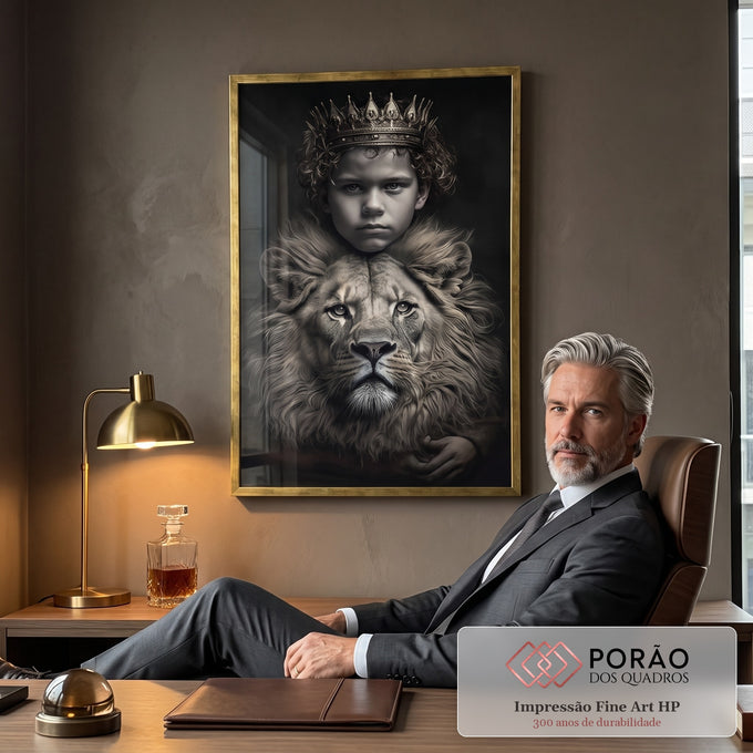 Quadro Decorativo Premium Boy Crown com Leão - Elevando sua Decoração em escritorio moderno - quadros decorativos para sala