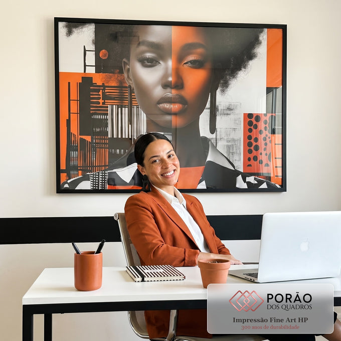 Quadro Decorativo Mulher Abstrato Laranja em escritorio moderno - quadros decorativos para sala