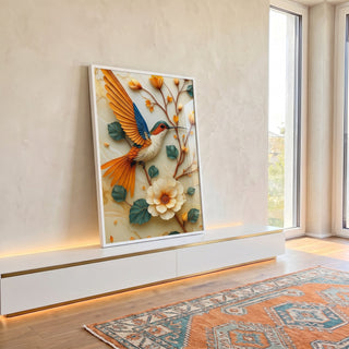 Quadro Decorativo Pássaro Vibrante Minimalista em ambiente decorado - quadros decorativos para sala