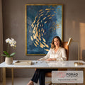 Quadro Decorativo: Dança Sublime dos Peixes em Azul e Ouro em escritorio moderno - quadros decorativos para sala