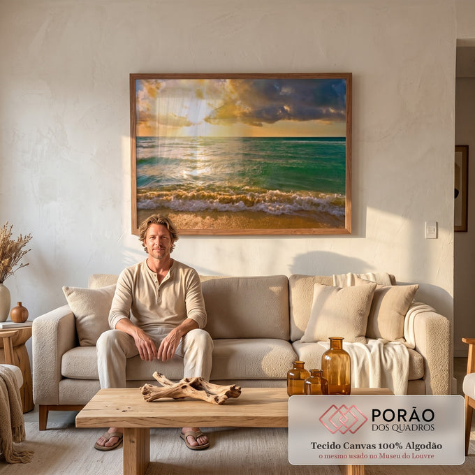 Quadro Decorativo: Encantador Pôr do Sol na Praia em sala de estar moderna - quadros decorativos para sala