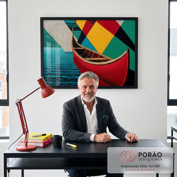 Quadro Decorativo Canoa Vermelha em Movimento em escritorio moderno - quadros decorativos para sala
