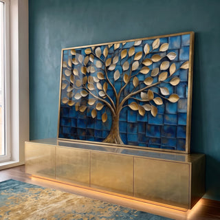 Quadro Decorativo Árvore Dourada em Azul Profundo em ambiente decorado - quadros decorativos para sala