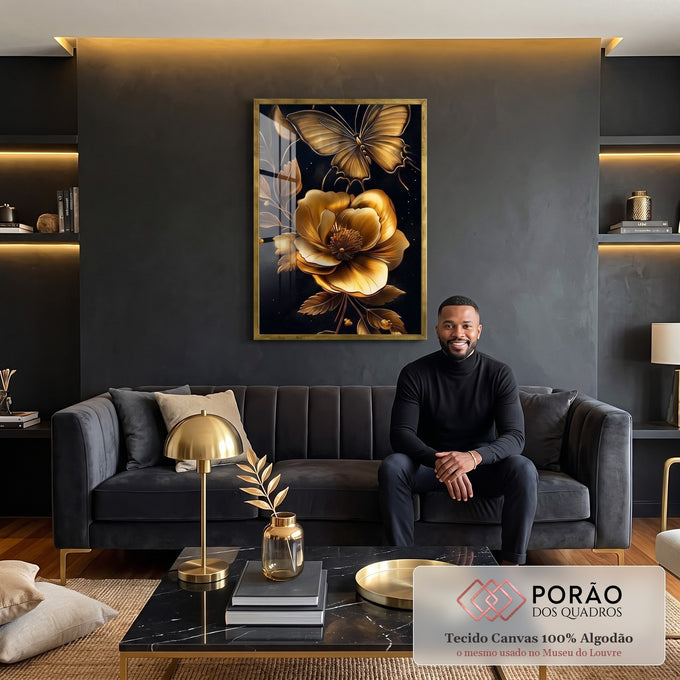 Quadro Decorativo Elegância Dourada Floral em sala de estar moderna - quadros decorativos para sala