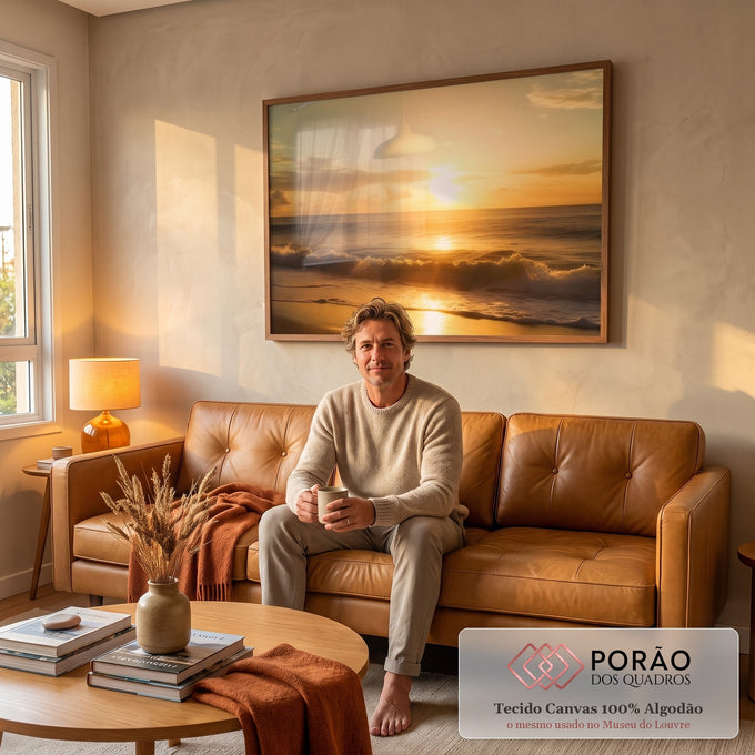 Quadro Decorativo Pôr do Sol com Serenidade em sala de estar moderna - quadros decorativos para sala