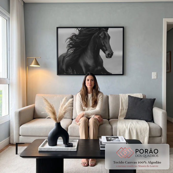Quadro Decorativo Cavalo Negro em Movimento em sala de estar moderna - quadros decorativos para sala