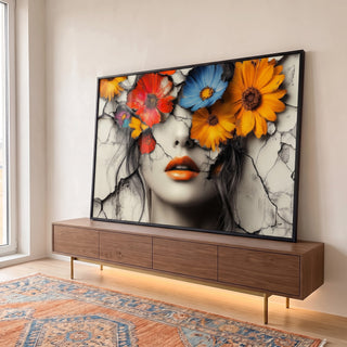 Quadro Decorativo Mulher com Cabeça de Flores em ambiente decorado - quadros decorativos para sala