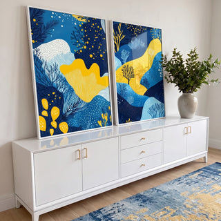 Quadro Decorativo Abstrato Azul e Amarelo Estilo e Sofisticação em ambiente decorado - quadros decorativos para sala