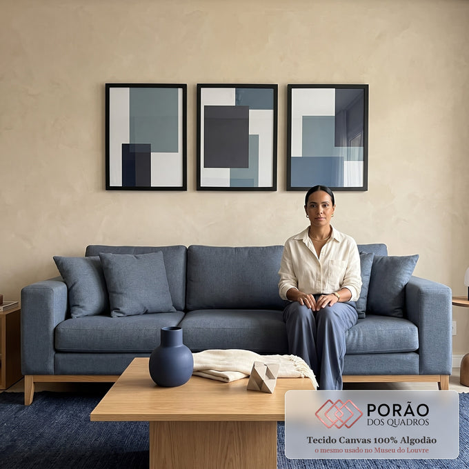 Quadro Decorativo: Harmonia Azul e Cinza, Inspira Modernidade em sala de estar moderna - quadros decorativos para sala