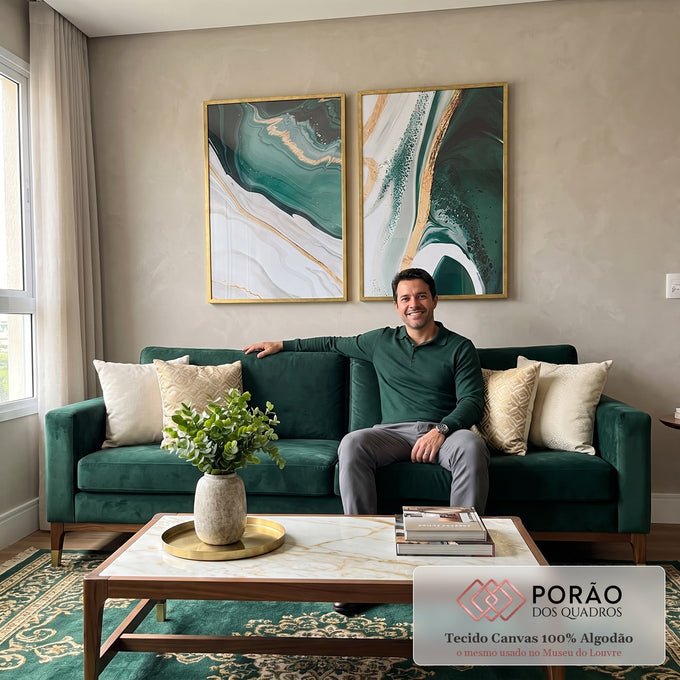 Quadro Decorativo Luxo em Mármore: Esmeralda e Dourado em sala de estar moderna - quadros decorativos para sala